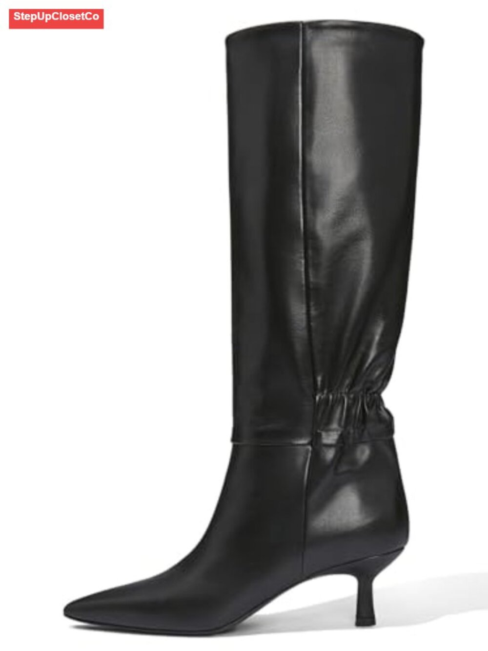 Coutgo Kitten Heel Knee High Boots Pointed Toe Tall Pull On Faux Leather